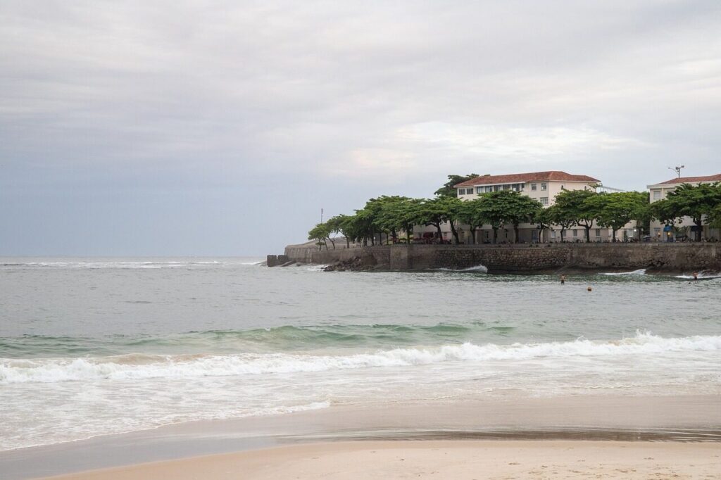Aerial view of Copacabana beach and its wave-patterned promenade in Rio de Janeiro