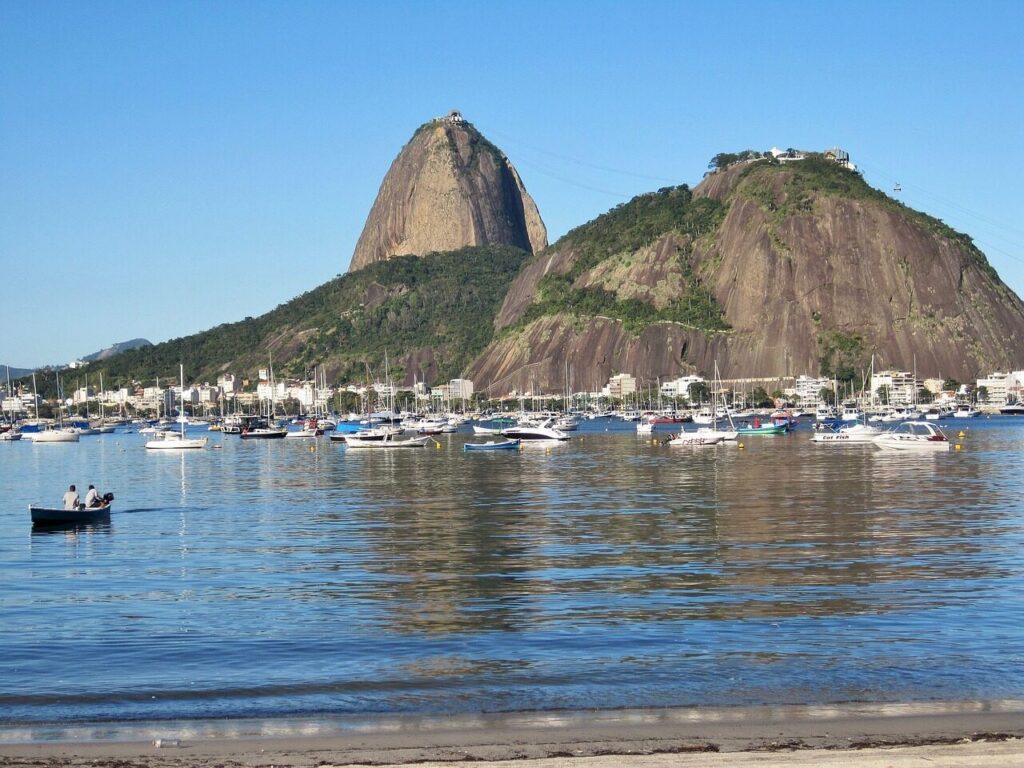 Botafogo Bay waterfront in Rio with Sugarloaf rising behind the shoreline