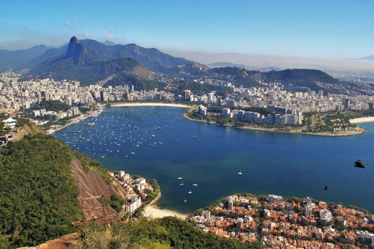 Botafogo bay with Sugarloaf Mountain rising behind the waterfront in Rio de Janeiro
