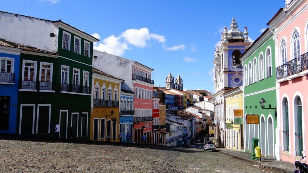 Colonial buildings lining a cobblestone street in Pelourinho, Salvador, Bahia