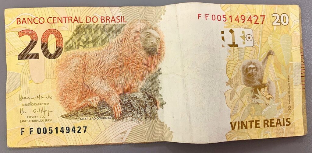 Stack of Brazilian real banknotes of different denominations on a table