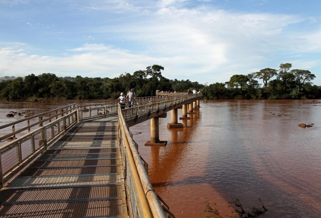 Visitors on a walkway above the Iguazu Falls in southern Brazil