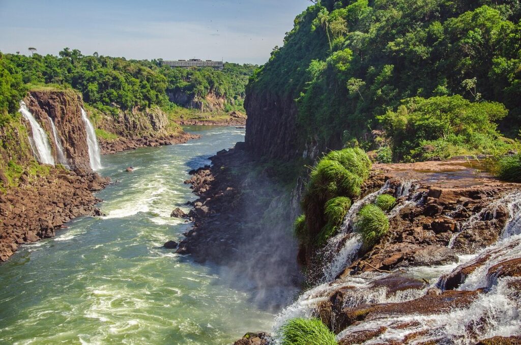 Visitors on the walkway over Iguazu Falls on the Brazilian side